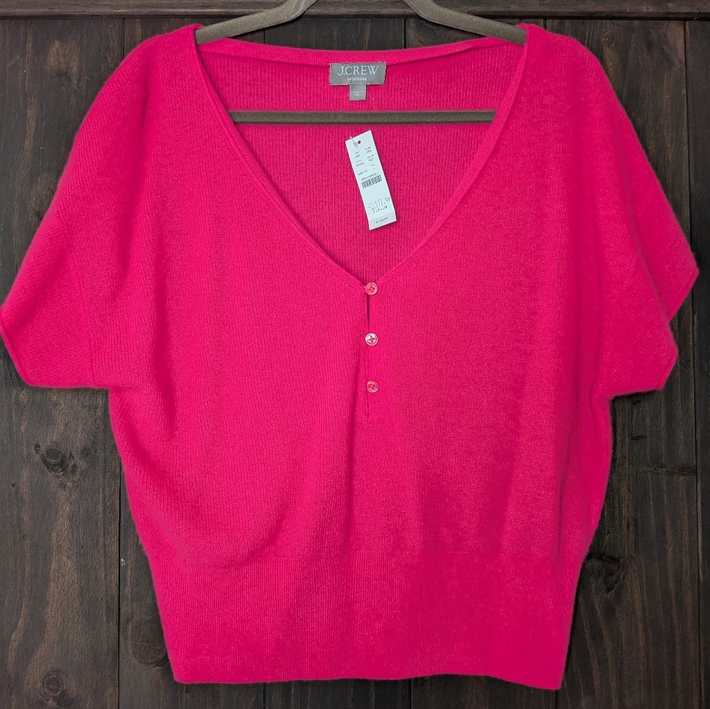J.Crew NWT 100% Cashmere Dolman Sleeve V-Neck Sweater Top - Bright Pink - Size L